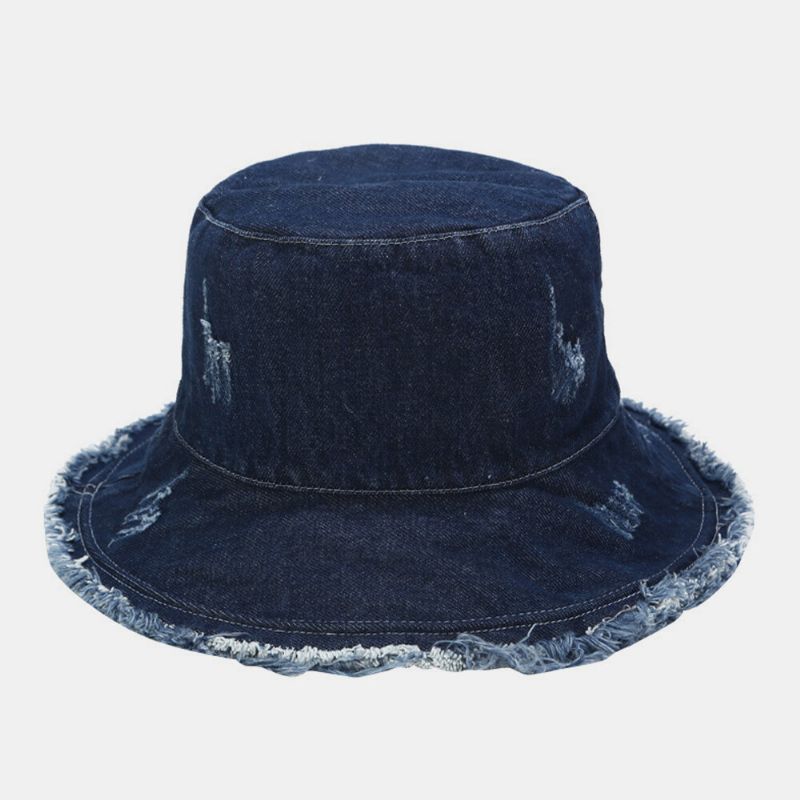 Unisex Denim Vikbar Trasiga Hål Tofs Gjord Gammal Retromode Utomhussolskydd Bucket Hat