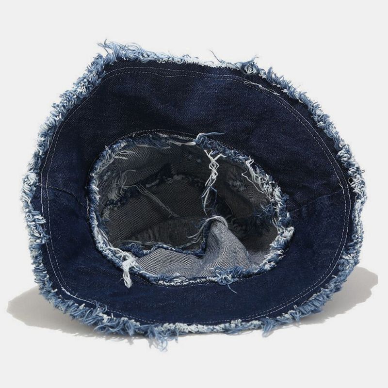 Unisex Denim Vikbar Trasiga Hål Tofs Gjord Gammal Retromode Utomhussolskydd Bucket Hat