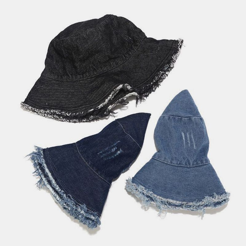 Unisex Denim Vikbar Trasiga Hål Tofs Gjord Gammal Retromode Utomhussolskydd Bucket Hat