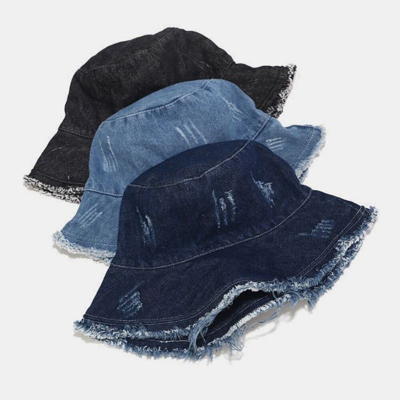 Unisex Denim Vikbar Trasiga Hål Tofs Gjord Gammal Retromode Utomhussolskydd Bucket Hat