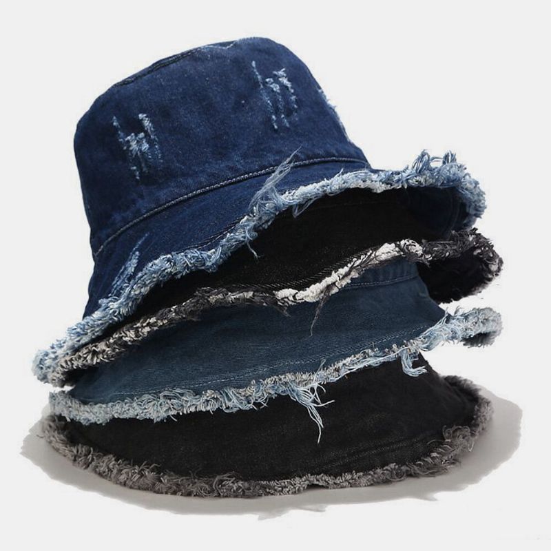 Unisex Denim Vikbar Trasiga Hål Tofs Gjord Gammal Retromode Utomhussolskydd Bucket Hat