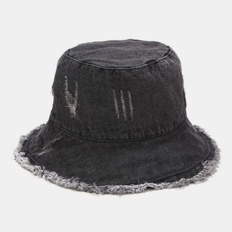 Unisex Denim Vikbar Trasiga Hål Tofs Gjord Gammal Retromode Utomhussolskydd Bucket Hat