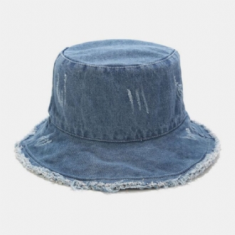 Unisex Denim Vikbar Trasiga Hål Tofs Gjord Gammal Retromode Utomhussolskydd Bucket Hat