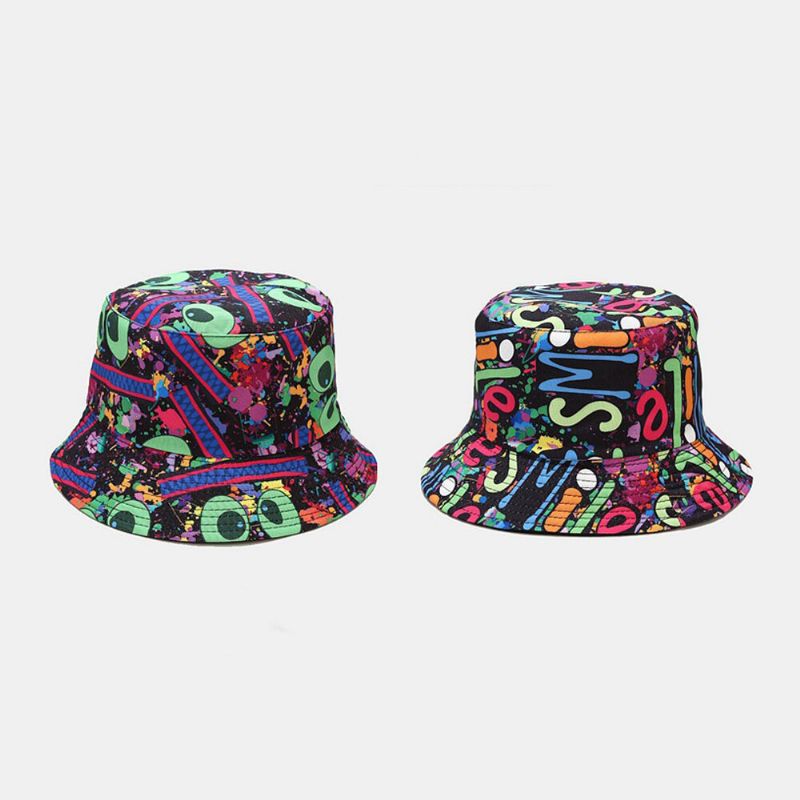 Unisex Dubbelsidig Färgglad Graffiti Hip-hop Fashion Sunshade Bucket Hat