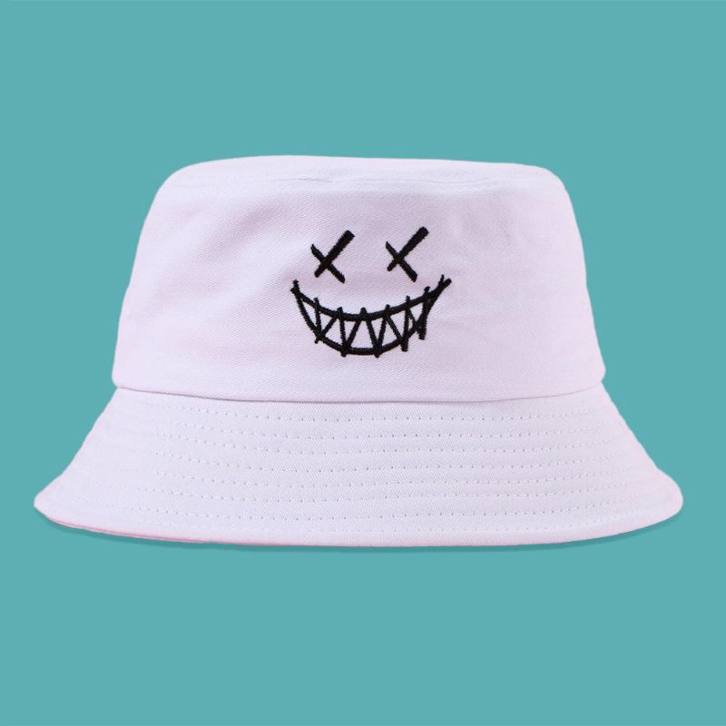 Unisex Funny Face Brodery Bucket Hat Bomull Wild Summer Travel Beach Hat