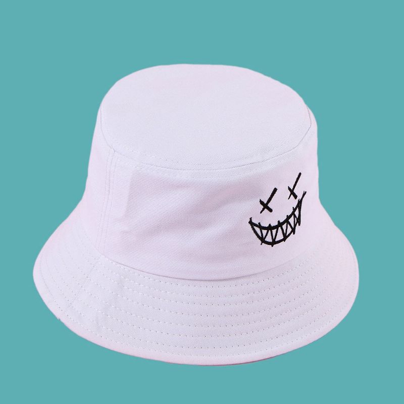 Unisex Funny Face Brodery Bucket Hat Bomull Wild Summer Travel Beach Hat