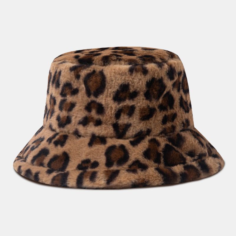 Unisex Fusk Kaninpäls Leopardmönster Tjocka Värme Vintage Bucket Hat