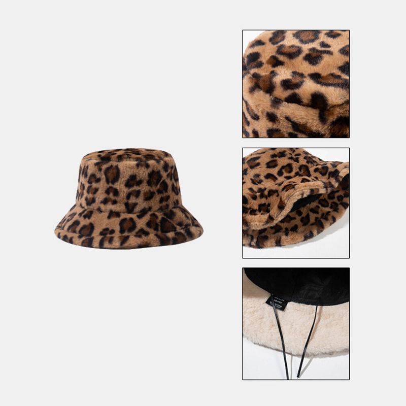 Unisex Fusk Kaninpäls Leopardmönster Tjocka Värme Vintage Bucket Hat