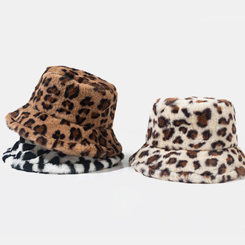 Unisex Fusk Kaninpäls Leopardmönster Tjocka Värme Vintage Bucket Hat