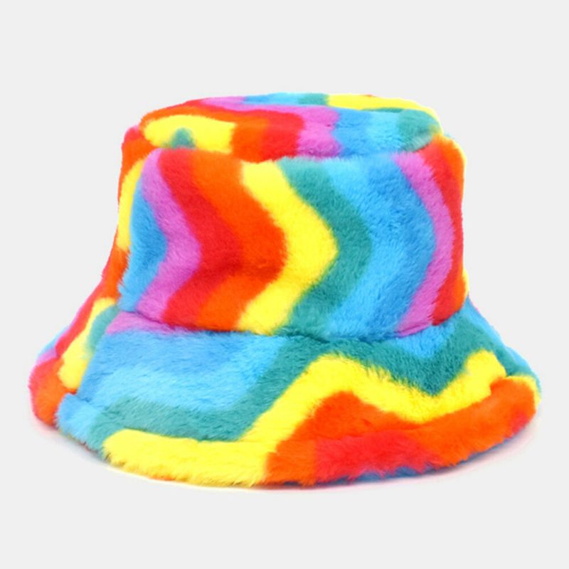 Unisex Fusk Kaninpäls Regnbågsfärg Randig Förtjockning Utomhus Värme Bucket Hat