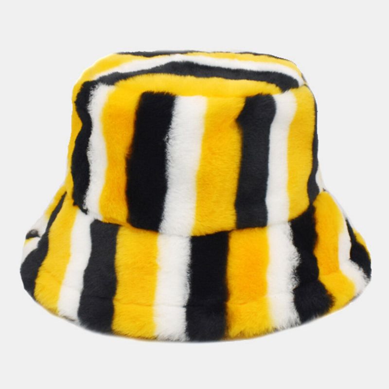 Unisex Fusk Kaninpäls Regnbågsfärg Randig Förtjockning Utomhus Värme Bucket Hat