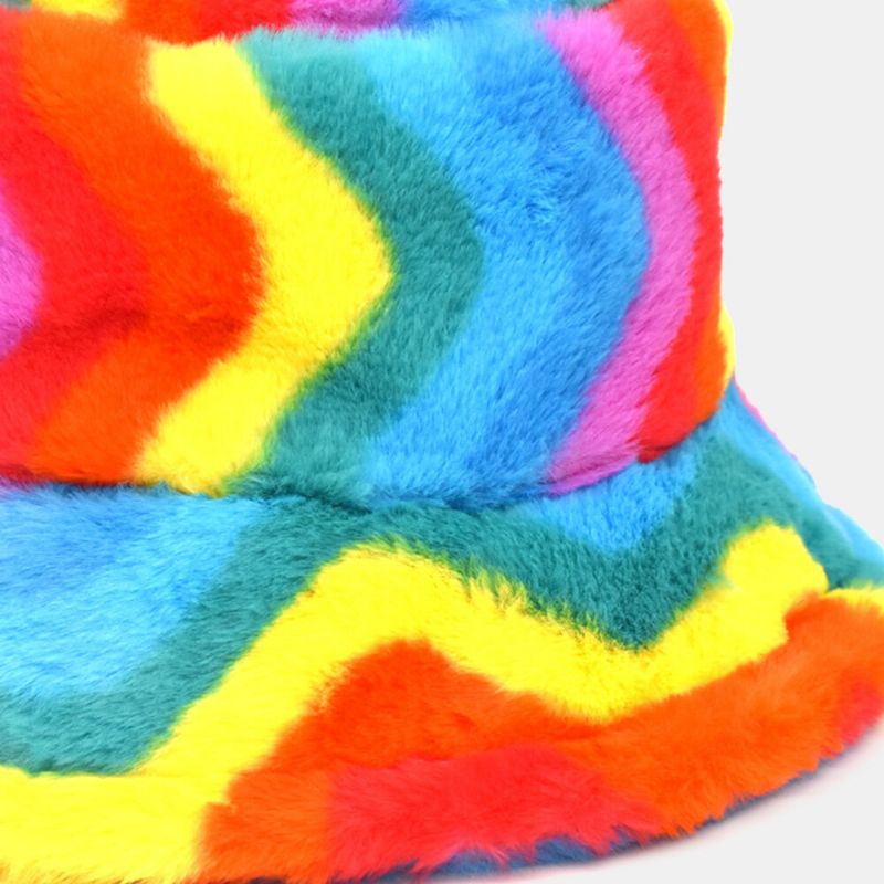 Unisex Fusk Kaninpäls Regnbågsfärg Randig Förtjockning Utomhus Värme Bucket Hat