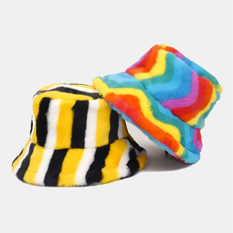 Unisex Fusk Kaninpäls Regnbågsfärg Randig Förtjockning Utomhus Värme Bucket Hat