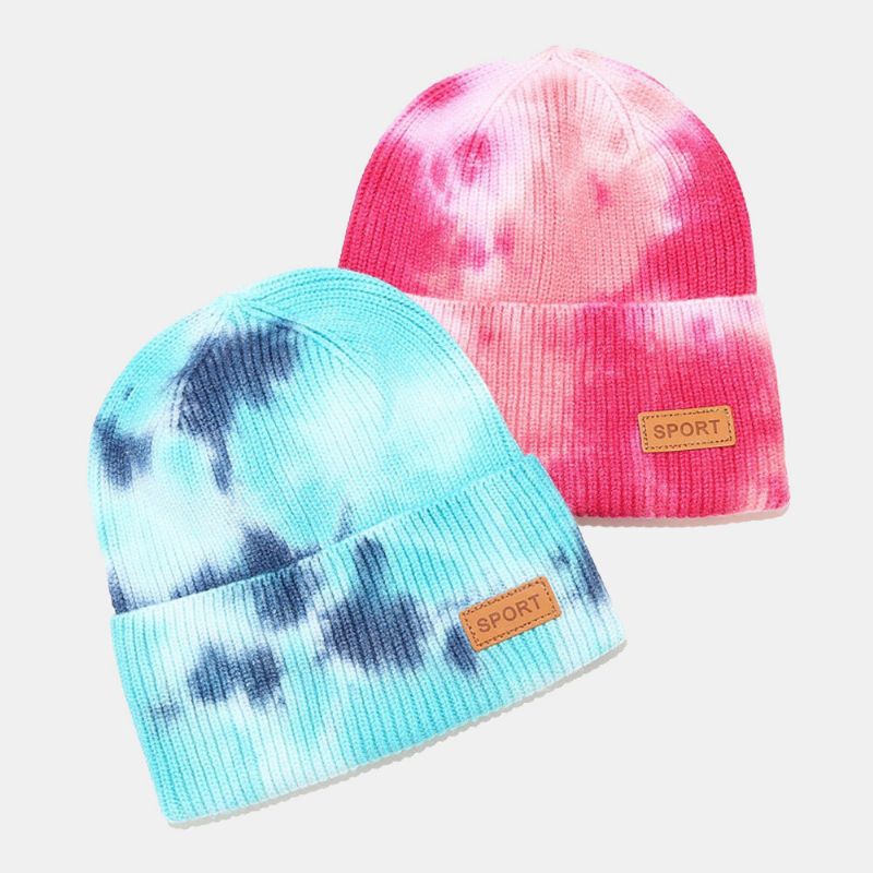 Unisex Kärnspunnet Garn Elastisk Stickad Tie-dye Mössa Mode Casual Brevetikett Höst Vinter Värme Brädlöst Mössa Hyresvärd Keps