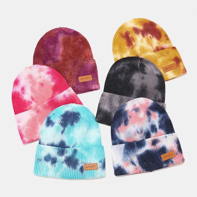 Unisex Kärnspunnet Garn Elastisk Stickad Tie-dye Mössa Mode Casual Brevetikett Höst Vinter Värme Brädlöst Mössa Hyresvärd Keps