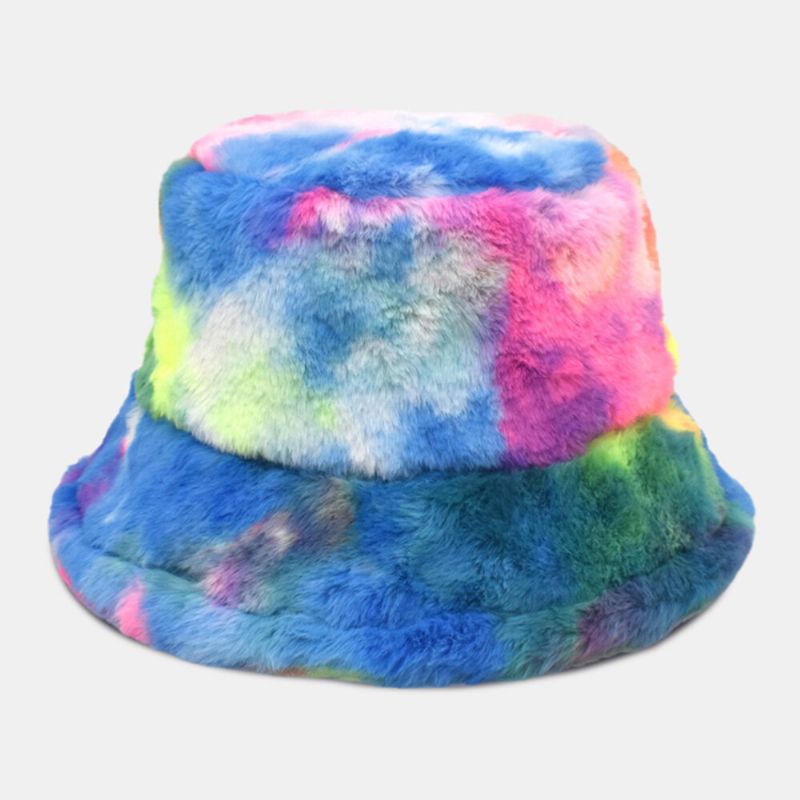 Unisex Konst Kaninpäls Färgglad Gradient Tie-dye Bucket Hat Vinter Tjocka Värme Vindtät Mode Solskyddshatt