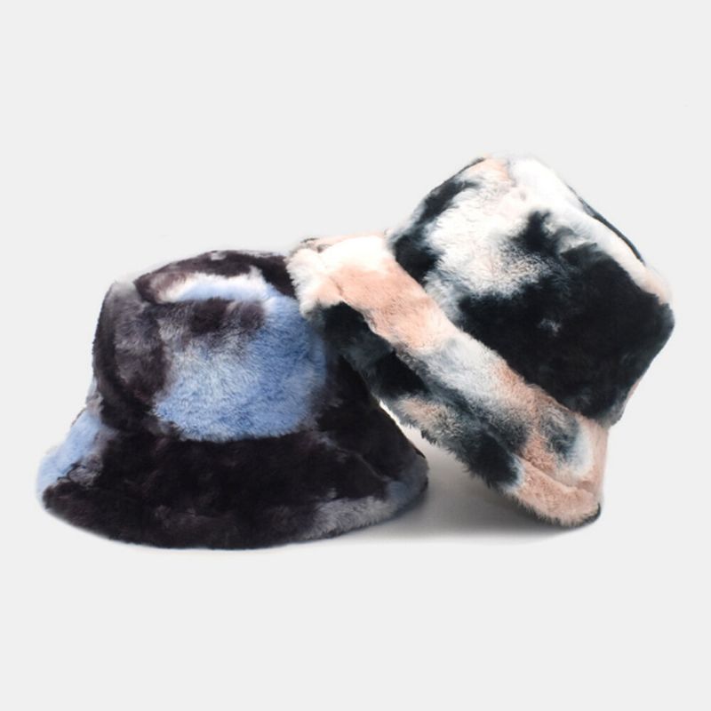 Unisex Konst Kaninpäls Färgglad Gradient Tie-dye Bucket Hat Vinter Tjocka Värme Vindtät Mode Solskyddshatt