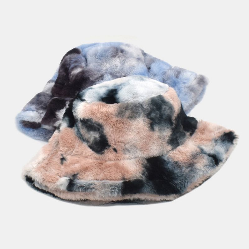 Unisex Konst Kaninpäls Färgglad Gradient Tie-dye Bucket Hat Vinter Tjocka Värme Vindtät Mode Solskyddshatt