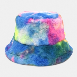 Unisex Konst Kaninpäls Färgglad Gradient Tie-dye Bucket Hat Vinter Tjocka Värme Vindtät Mode Solskyddshatt