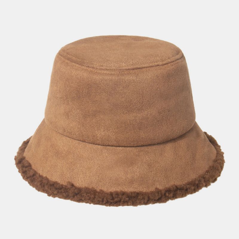 Unisex Lammhår Mocka Plus Tjock Varm Vindtät Mjuk All-match Bucket Hat