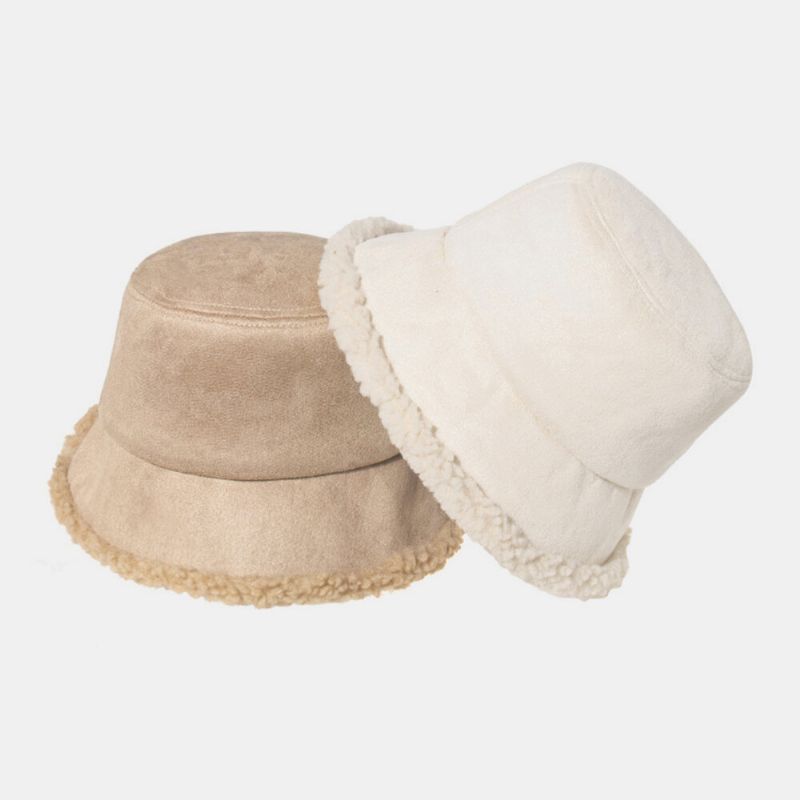 Unisex Lammhår Mocka Plus Tjock Varm Vindtät Mjuk All-match Bucket Hat