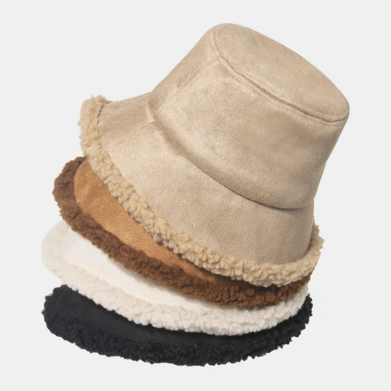 Unisex Lammhår Mocka Plus Tjock Varm Vindtät Mjuk All-match Bucket Hat