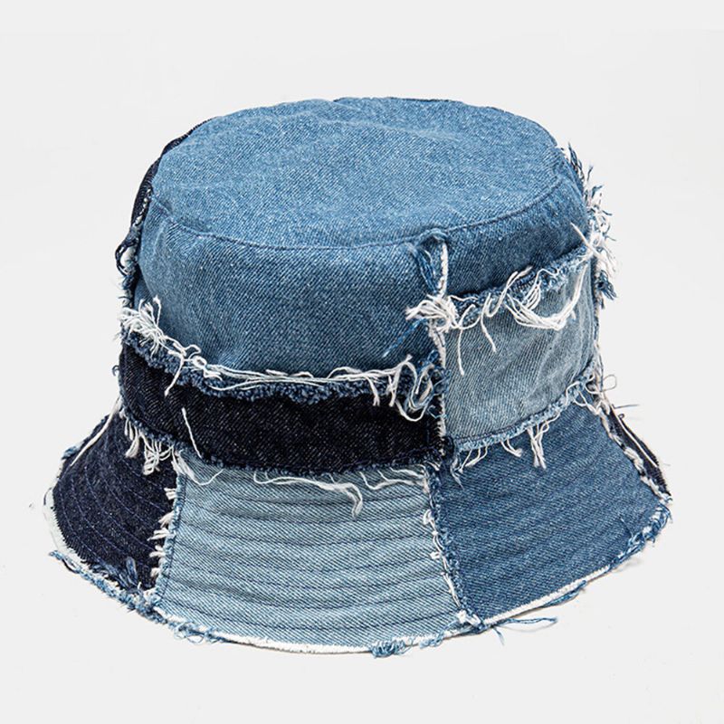 Unisex Pläd Colorblock Denim Distressed Frayed Edge Casual Solskydd Vikbara Platta Hattar Bucket Hats