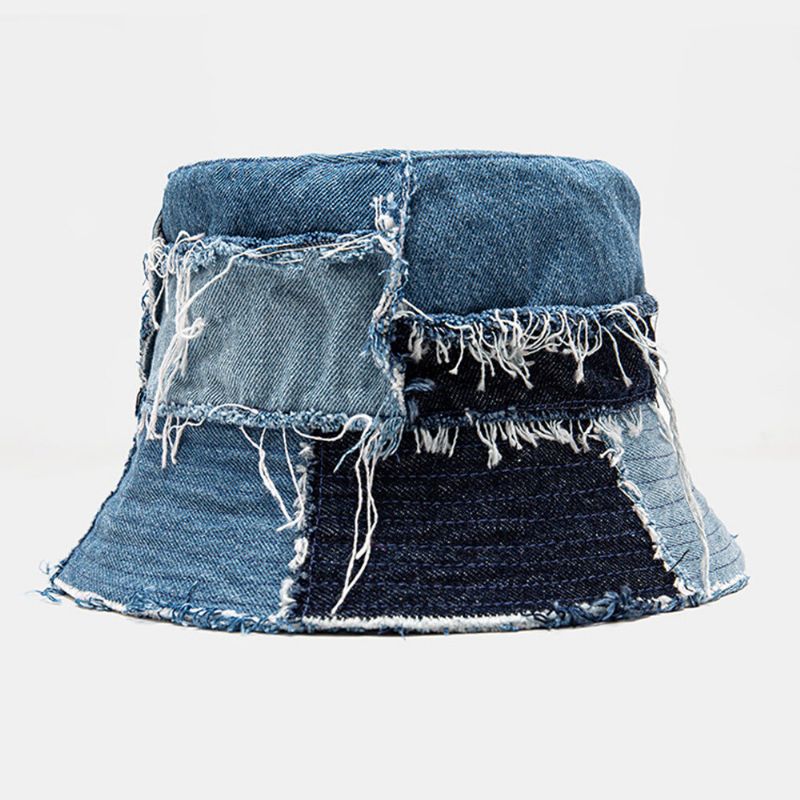 Unisex Pläd Colorblock Denim Distressed Frayed Edge Casual Solskydd Vikbara Platta Hattar Bucket Hats