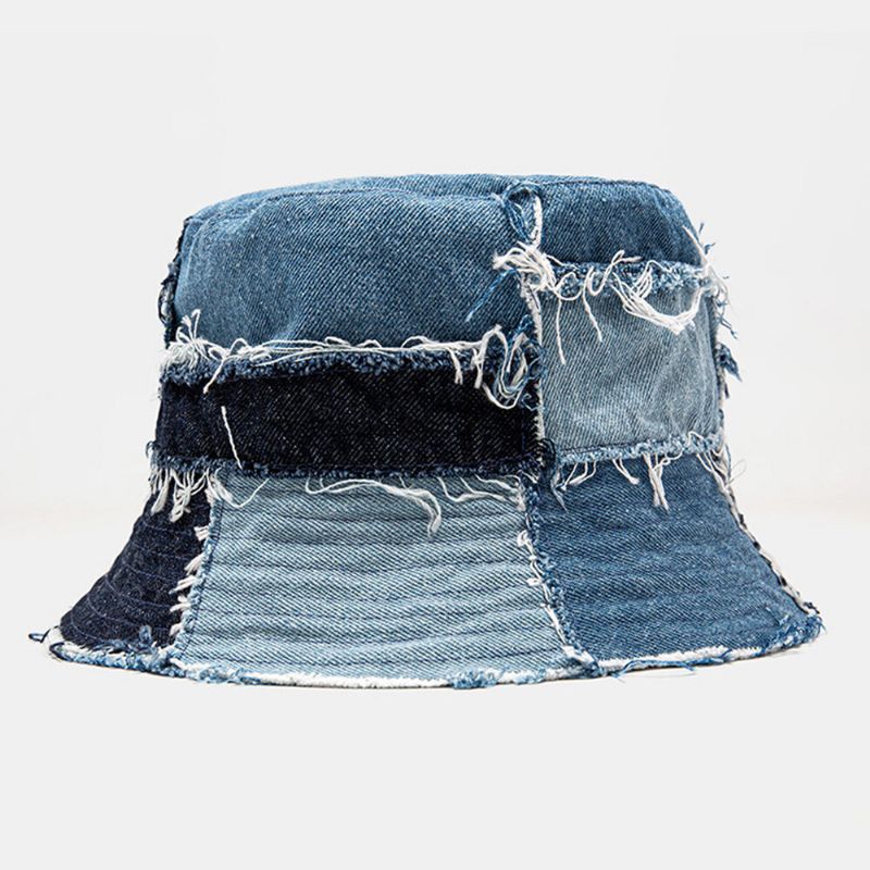 Unisex Pläd Colorblock Denim Distressed Frayed Edge Casual Solskydd Vikbara Platta Hattar Bucket Hats