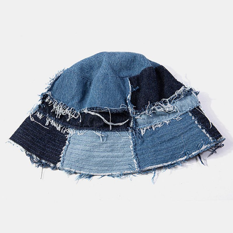 Unisex Pläd Colorblock Denim Distressed Frayed Edge Casual Solskydd Vikbara Platta Hattar Bucket Hats