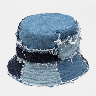 Unisex Pläd Colorblock Denim Distressed Frayed Edge Casual Solskydd Vikbara Platta Hattar Bucket Hats