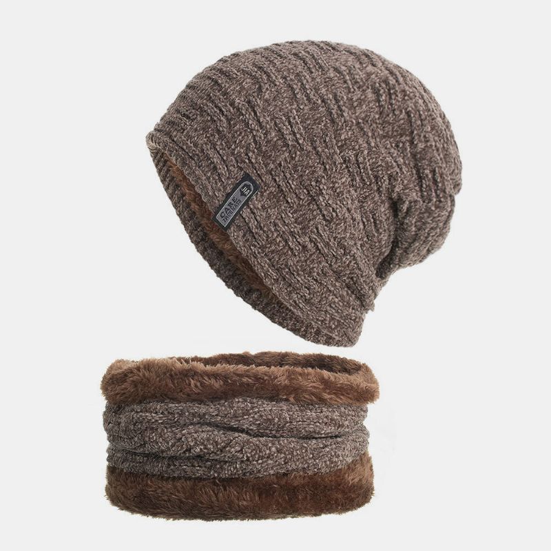 Unisex Plus Sammet Horisontell Vertikalt Randigt Mönster Stickad Mössa Scarf Set Casual Outdoor Vindtät Varm Elastisk Haklapp Beanie Hatt