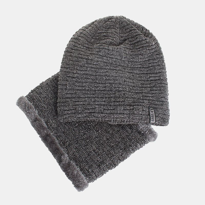 Unisex Plus Sammet Horisontell Vertikalt Randigt Mönster Stickad Mössa Scarf Set Casual Outdoor Vindtät Varm Elastisk Haklapp Beanie Hatt