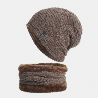 Unisex Plus Sammet Horisontell Vertikalt Randigt Mönster Stickad Mössa Scarf Set Casual Outdoor Vindtät Varm Elastisk Haklapp Beanie Hatt