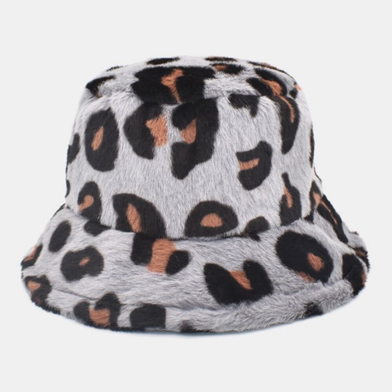 Unisex Plysch Mjuk Varm Casual All-match Söt Leopardmönster Bucket Hat