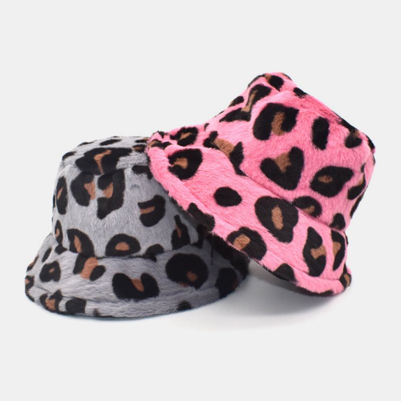 Unisex Plysch Mjuk Varm Casual All-match Söt Leopardmönster Bucket Hat