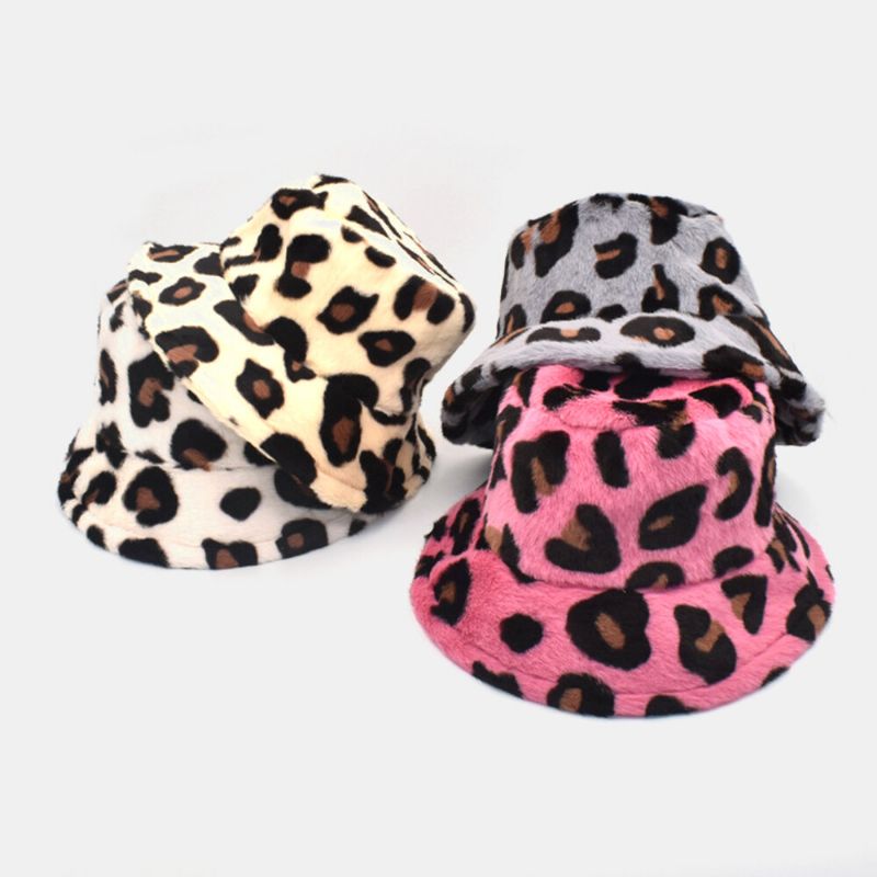 Unisex Plysch Mjuk Varm Casual All-match Söt Leopardmönster Bucket Hat