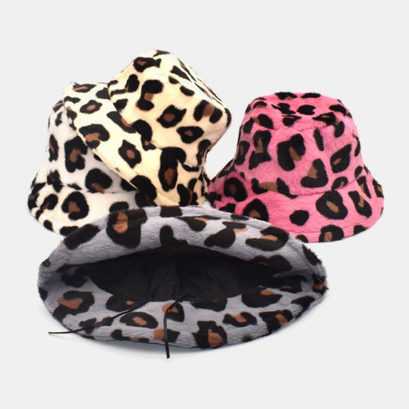 Unisex Plysch Mjuk Varm Casual All-match Söt Leopardmönster Bucket Hat