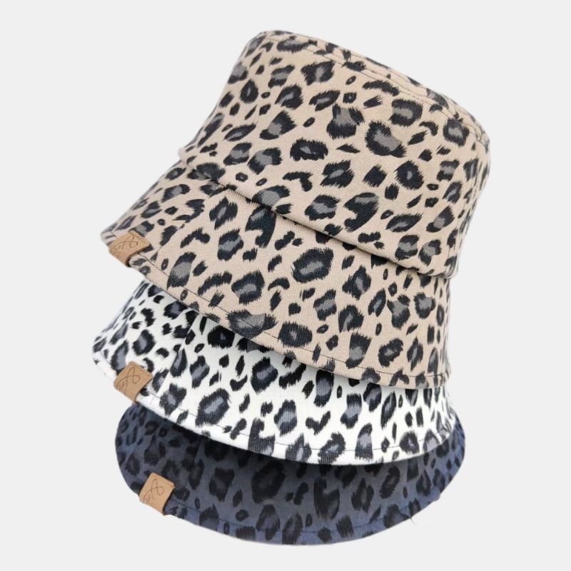 Unisex Polyester Bomullsöverdrag Leopardmönster Bokstavsetikett All-match Sunshade Bucket Hat