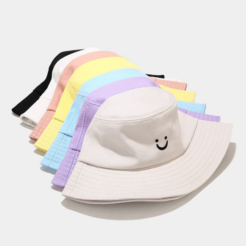 Unisex Smile Face Brodery Bucket Hat Sommarresor Vilda Solskydds Strandhatt