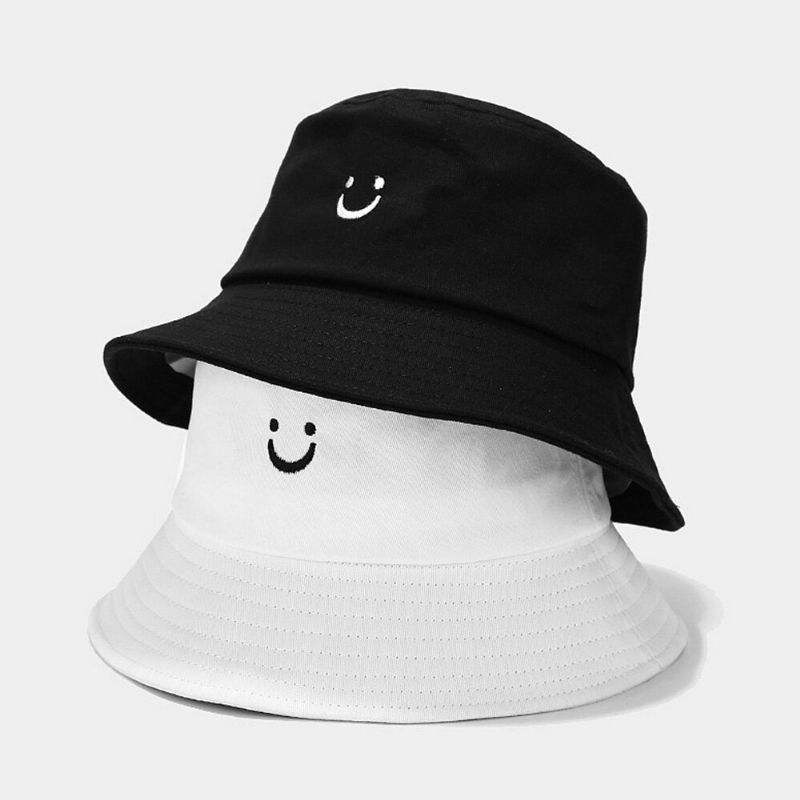 Unisex Smile Face Brodery Bucket Hat Sommarresor Vilda Solskydds Strandhatt