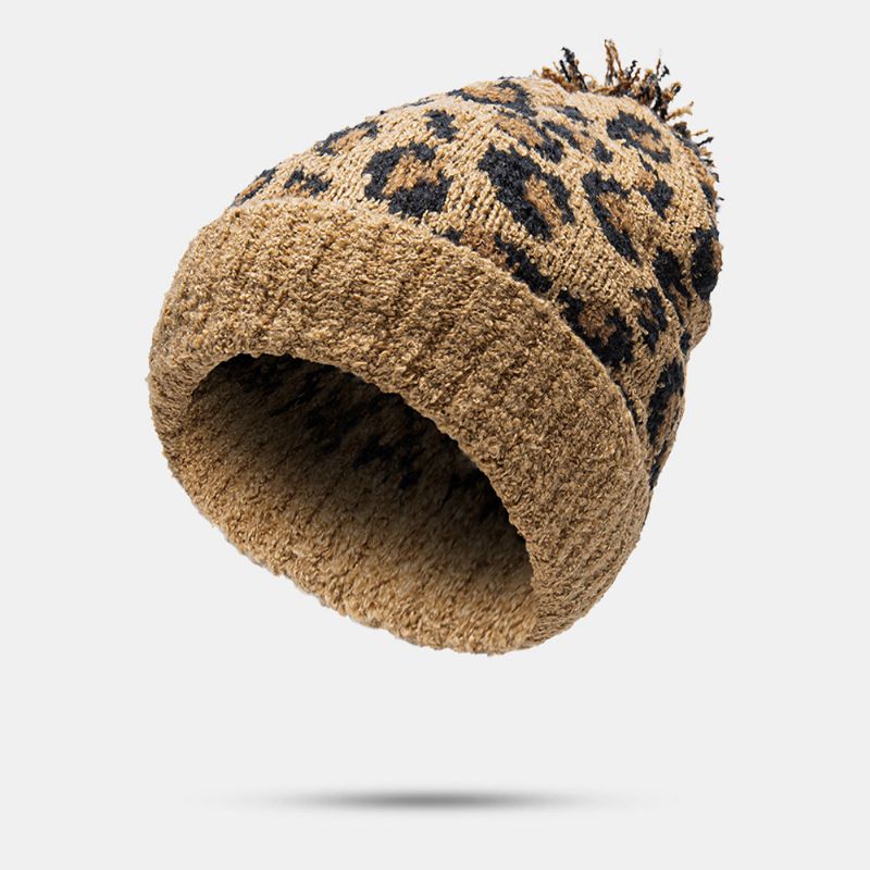 Unisex Stickad Leopardmönster Päls Boll Dekoration Flänsning Casual Värme Mössa