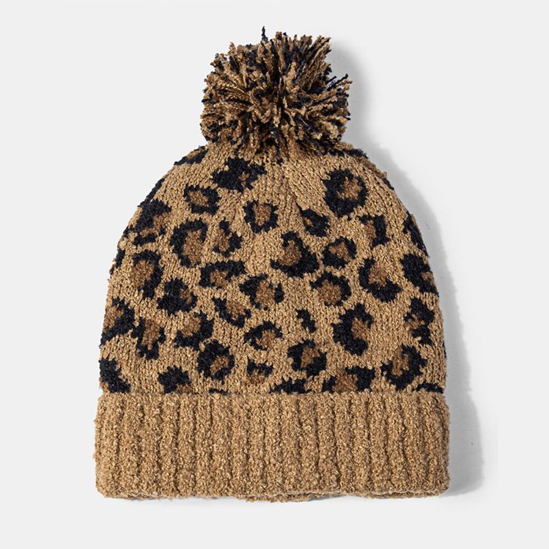 Unisex Stickad Leopardmönster Päls Boll Dekoration Flänsning Casual Värme Mössa