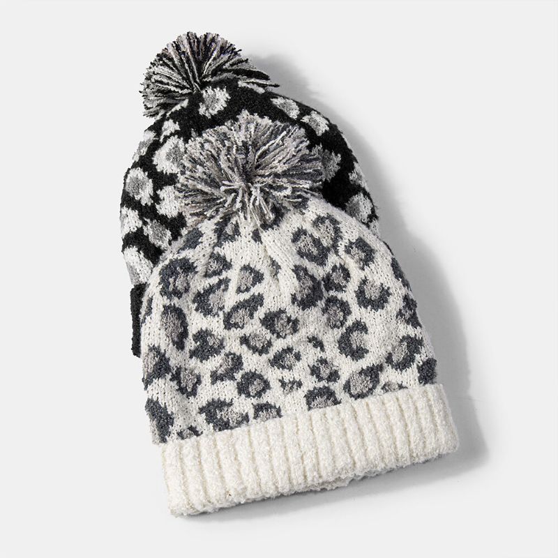 Unisex Stickad Leopardmönster Päls Boll Dekoration Flänsning Casual Värme Mössa