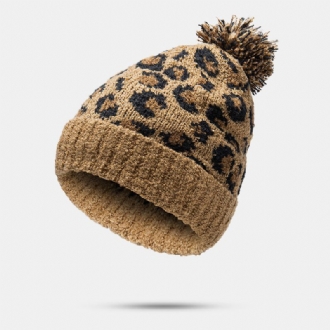 Unisex Stickad Leopardmönster Päls Boll Dekoration Flänsning Casual Värme Mössa