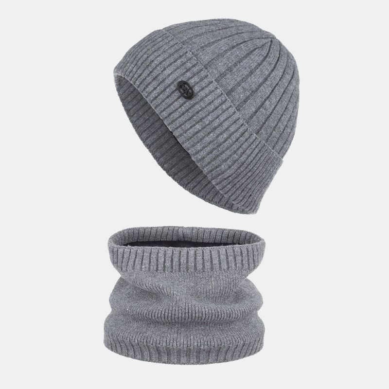 Unisex Tjockrandig Järnetikett Stickad Mössa Scarf Set Höst Vinter Plus Sammet Tjocka Varm Haklapp Beanie Hatt