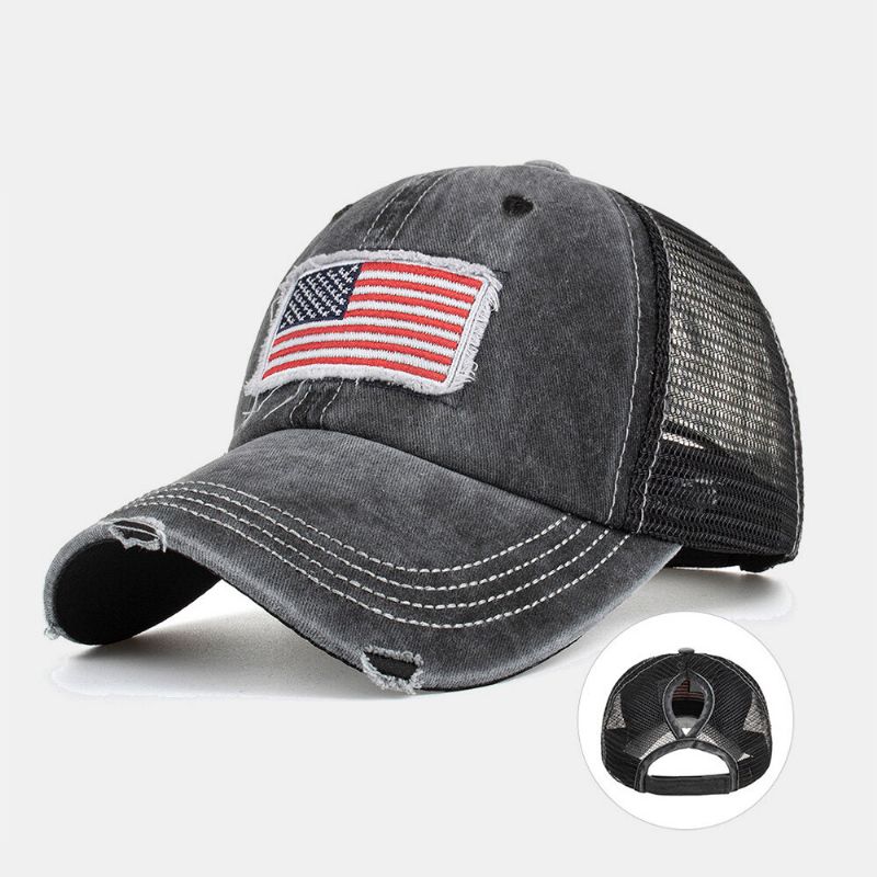 Unisex Tvättad Amerikansk Flagga Patch Hästsvans Basebollkeps Mesh Andningsbar Casquette Summer Snapback Hatt