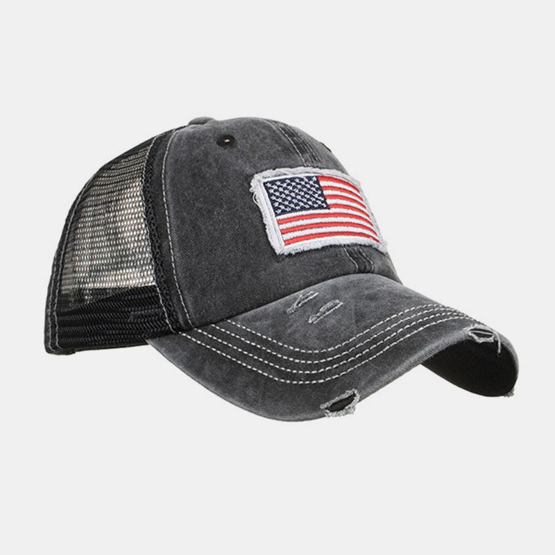 Unisex Tvättad Amerikansk Flagga Patch Hästsvans Basebollkeps Mesh Andningsbar Casquette Summer Snapback Hatt