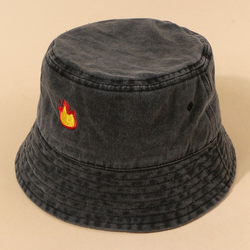 Unisex Tvättad Bomull Flammmönster Broderi Mode Solskyddsmedel Bucket Hat