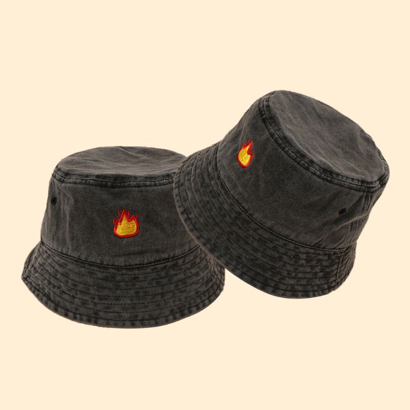 Unisex Tvättad Bomull Flammmönster Broderi Mode Solskyddsmedel Bucket Hat